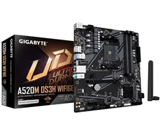 Pagrindinė plokštė Gigabyte A520M DS3H WIFI6E | Processor family AMD | Processor socket AM4 | DDR4 | Supported hard disk drive interfaces SATA, M.2 | Number of SATA connectors 4