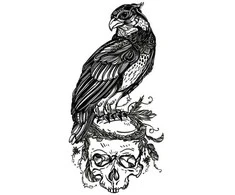 GMBH &amp; CO Paukščio ir kaukolės tatuiruotė.