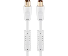 Goobay Antenos kabelis su feritu (80 dB), 2x ekranuotas, 1,5 m, baltas – auksu padengtas, koaksialinis kištukas > koaksialinis lizdas (visiškai ekranuotas)