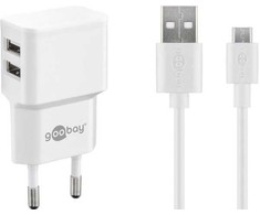 Goobay Dviejų Micro USB (18 W) maitinimo blokas su 2x USB prievadais ir Micro USB kabeliu, 1 m, balta, vidaus, AC, 1 m, balta
