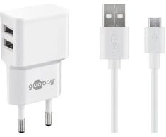 Goobay Dviejų Micro USB (18 W) maitinimo blokas su 2x USB prievadais ir Micro USB kabeliu, 1 m, balta, vidaus, AC, 1 m, balta