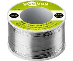 Goobay Švino neturintis lydmetalis, ø 0,35 mm, 100 g ritė - sudėtis: 3,8 % sidabro, 0,7 % vario, 93,8 % alavo, fliuso šerdies kiekis: 2 %, lydymosi temperatūra 217 °C