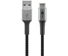 Goobay USB-C™ į USB-A tekstilinis laidas su metaliniais kištukais (pilka / sidabrinė), 1 m