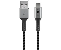 Goobay USB-C™ į USB-A tekstilinis laidas su metaliniais kištukais (pilka / sidabrinė), 1 m