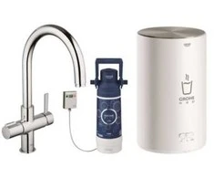 Grohe Raudonas „Basic Duo“ chromuotas virtuvinis maišytuvas su C formos snapeliu ir virduliu, M dydžio