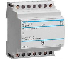 HAGER saugos transformatorius ST315, pirminis 230V, antrinis 12/24V, 63VA, 50-60Hz, 105 mm pločio, DIN bėgeliui