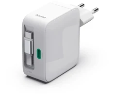Hama GaN 30W PD/QC su ištraukiamu laidu, 2x USB-C, balta