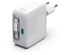 Hama GaN 65W PD/QC su ištraukiamu laidu, 2x USB-C, balta