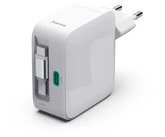 Hama GaN 65W PD/QC su ištraukiamu laidu, 2x USB-C, balta