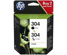 HP 304 2 juodų / trispalvių originalių rašalo kasečių pakuotė, standartinio našumo, juoda, žydra, rausvai raudona, geltona, pigmentinis rašalas, dažų pagrindo rašalas, 4 ml, 2 ml