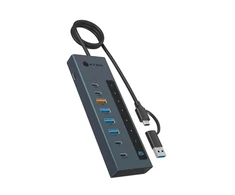 ICY BOX 9 viename šakotuvas, 7 šakotuvo prievadai (3C+4A) su 1 USB-C įkrovimui (20 W galios maitinimas su ekranu) ir 100 W galios maitinimas (siuntimas į pagrindinį kompiuterį), USB 3.2 Gen2, 10 Gbit/s (IB-HUB1743-CPD)