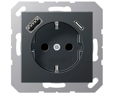 Kištukinis lizdas su A ir C tipo USB jungtimis, padidinta kontaktų apsauga, matinės antracito sp.