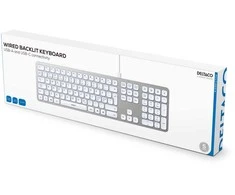 Klaviatūra Deltaco TB-904, viso dydžio (100 %), laidinis, USB, žirklinio mygtuko jungiklis, QWERTY, balta, sidabrinė