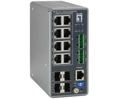 Šakotuvas Level One LevelOne TURING 12 prievadų L3 Lite valdomas pramoninis gigabitinio tinklo komutatorius, 8 PoE išėjimai, 240 W, 802.3at/af PoE, 4 x SFP, nuo -40 °C iki 75 °C, valdomas, L3, Gigabit Ethernet (10/100/1000), Power over Ethernet (PoE)