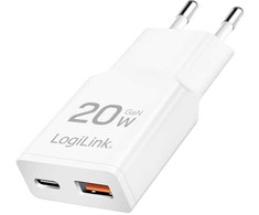 Įkroviklis LogiLink LogiLink USB Wall Charger, GaN, 2port, USB-AF &amp; USB-CF, PD 20W, slim, baltas