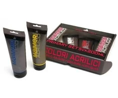 Maimeri „Acrilico“ rinkinys – akriliniai dažai, 5 x 75 ml tūbelės – Italijoje pagaminti akriliniai dažai (pagrindinės spalvos + juoda ir balta)