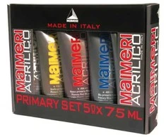 Maimeri „Acrilico“ rinkinys – akriliniai dažai, 5 x 75 ml tūbelės – Italijoje pagaminti akriliniai dažai (pagrindinės spalvos + juoda ir balta)