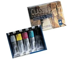 Maimeri Classico aliejinių dažų rinkinys - 5 x 60 ml - itališkos kokybės aliejiniai dažai (pagrindinės spalvos + juoda ir balta)
