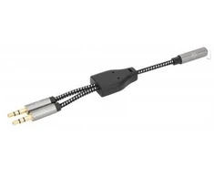 Manhattan Ausinių adapterio kabelis su stereo garso Y skirstytuvu, 3,5 mm, Aux, 15 cm, moteriška/2x vyriška, išskiria vieną ausinių kištuką į mikrofono ir garso kištukus, lieknas dizainas, juoda/sidabrinė, paauksuoti kontaktai ir gryno bekokšio vario viela, garantija visam gyvenimui, 3,5 mm, moteriška, 2 x 3,5 mm, vyriška, 0,15 m, juoda, sidabrinė