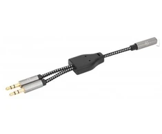 Manhattan Ausinių adapterio kabelis su stereo garso Y skirstytuvu, 3,5 mm, Aux, 15 cm, moteriška/2x vyriška, išskiria vieną ausinių kištuką į mikrofono ir garso kištukus, lieknas dizainas, juoda/sidabrinė, paauksuoti kontaktai ir gryno bekokšio vario viela, garantija visam gyvenimui, 3,5 mm, moteriška, 2 x 3,5 mm, vyriška, 0,15 m, juoda, sidabrinė