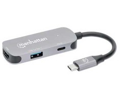 Manhattan USB-C doko / šakotuvo, prievadai (x3): HDMI, USB-A ir USB-C, su maitinimo perdavimu (PD) 100 W – reikalingas išorinis USB-C įkroviklis (nepridedamas). Maitinamas per USB (išorinis maitinimo šaltinis nereikalingas), kai PD nenaudojamas, aliuminis, laidinis, USB 3.2 Gen 1 (3.1 Gen 1) Type-C, 100 W, aliuminis, 3840 x 2160 taškų, 30 Hz (Atnaujinta)