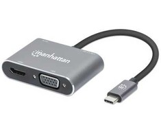 Manhattan USB-C doko stotelė / šakotuvas, prievadai (x4): HDMI, USB-A, USB-C ir VGA, su maitinimo perdavimu (PD) 87 W – reikalingas išorinis USB-C įkroviklis (nepridedamas). Maitinamas per USB (išorinio maitinimo šaltinio nereikia), kai PD nenaudojamas, aliuminis, laidinis, USB 3.2 Gen 1 (3.1 Gen 1) Type-C, pilka, 5 Gbit/s, 3840 x 2160 pikselių, 60 Hz (Atnaujinta)