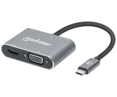 Manhattan USB-C doko stotelė / šakotuvas, prievadai (x4): HDMI, USB-A, USB-C ir VGA, su maitinimo perdavimu (PD) 87 W – reikalingas išorinis USB-C įkroviklis (nepridedamas). Maitinamas per USB (išorinio maitinimo šaltinio nereikia), kai PD nenaudojamas, aliuminis, laidinis, USB 3.2 Gen 1 (3.1 Gen 1) Type-C, pilka, 5 Gbit/s, 3840 x 2160 pikselių, 60 Hz (Atnaujinta)