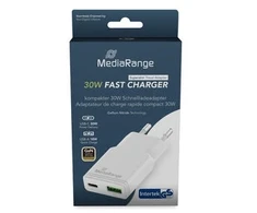 Įkroviklis MediaRange Įkroviklis 30W 2-Port 1x USB-A/1x USB-C GaN balta