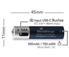 MediaRange MRBAT160, Įkraunama baterija, AAA, Ličio jonų (Li-Ion), 1,5 V, 4 vnt., 500 mAh