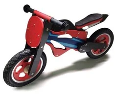 Megaleg Važiuojantis medinis motociklas su tikrais pneumatiniais ratais, raudonas