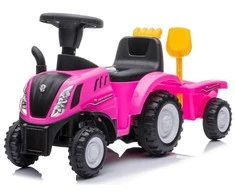 Megaleg „New Holland T7“ vaikščiojantis traktorius su priekaba ir įrankiais, rožinis