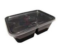 Multi Vienkartinė 2 skyrių dėklė 800 ml 175x120x58 mm juoda su dangteliu, 250 vnt./kartoninėje dėžėje, skirta mikrobangų krosnelei