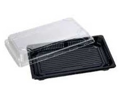 Multi Suši padėklas 220x140x40 mm PS juodas/permatomas dangtis, 4 vnt. x 100 vnt./dėžėje