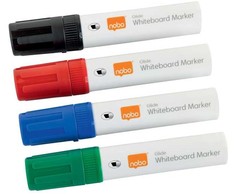 Nobo Nobo Glide whiteboard marker bred skrå spids 10 mm hurtigttørrende blæk, pakke/4 stk. Assorteret