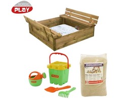 Nsh Nordic NORDIC PLAY smėlio dėžė su suoliuku ir dangčiu 120 x 120 cm slėginė pompa su 240 kg smėlio ir žaliu kibiru (805-745)
