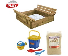 Nsh Nordic NORDIC PLAY smėlio dėžė su suoliuku ir dangčiu 120 x 120 cm slėginė pompa su 240 kg smėlio ir mėlynu kibiru (805-744)