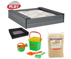 Nsh Nordic NORDIC PLAY smėlio dėžė su sėdyne 24 x 120 x 120 cm WPC su tinklu, 240 kg smėlio ir žaliu kibiru (805-737)