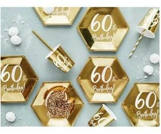 Party Deco Auksinės popierinės lėkštės, 60 metų