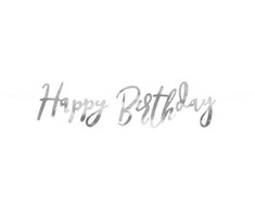 PartyDeco Girlianda Happy Birthday sidabrinė, 16.5x62cm