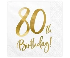 Party Deco Servetėlės 3 sluoksnių "80 gimtadienis" baltos