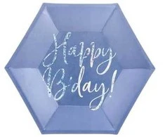 Party Deco Lėkštės „Happy Bday“ mėlynos šešiakampės