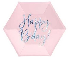 Party Deco Lėkštės „Happy Bday“ rožinės šešiakampės