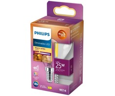 Signify Philips LED classic WarmGlow lašo formos lemputė 25W E14 skaidri, reguliuojamo ryškumo