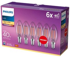 Philips Filament Candle Clear 40W B35 E14 x6, 4 W, 40 W, E14, 470 lm, 15000 h, Warm baltas