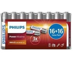 Philips maitinimo šarminė baterija LR03P32FV/10, Vienkartinės baterijos, AAA, Šarminė, 1,5 V, 32 vnt., 3 metai