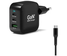 PORT CONNECT GaN2 wall charger for 2×USB-C PD and USB-A QC, 65W, Juodas