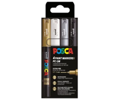 Posca POSCA PC-1M komplektas 4 vnt. (juoda, balta, auksinė, sidabrinė)