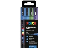 POSCA PC-3M 4 vnt. blizgučių, šaltos spalvos (mėlyna, šviesiai mėlyna, žalia, violetinė)