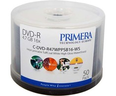 Primera Technology „Primera TuffCoat“ – 50 x DVD-R – 4,7 GB 16x – itin blizgi balta – paviršius, tinkantis spausdinti rašaliniu spausdintuvu, spausdinamas vidinis žiedas – velenas