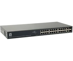 Šakotuvas Digital Data Communications LevelOne TURING 26 prievadų internetu valdomas gigabitinio tinklo PoE komutatorius, 24 PoE išėjimai, 2 x SFP/RJ45 kombinuoti, 185 W, 802.3at/af PoE, valdomas, L3, Gigabit Ethernet (10/100/1000), Power over Ethernet (PoE), montavimas į stelažą